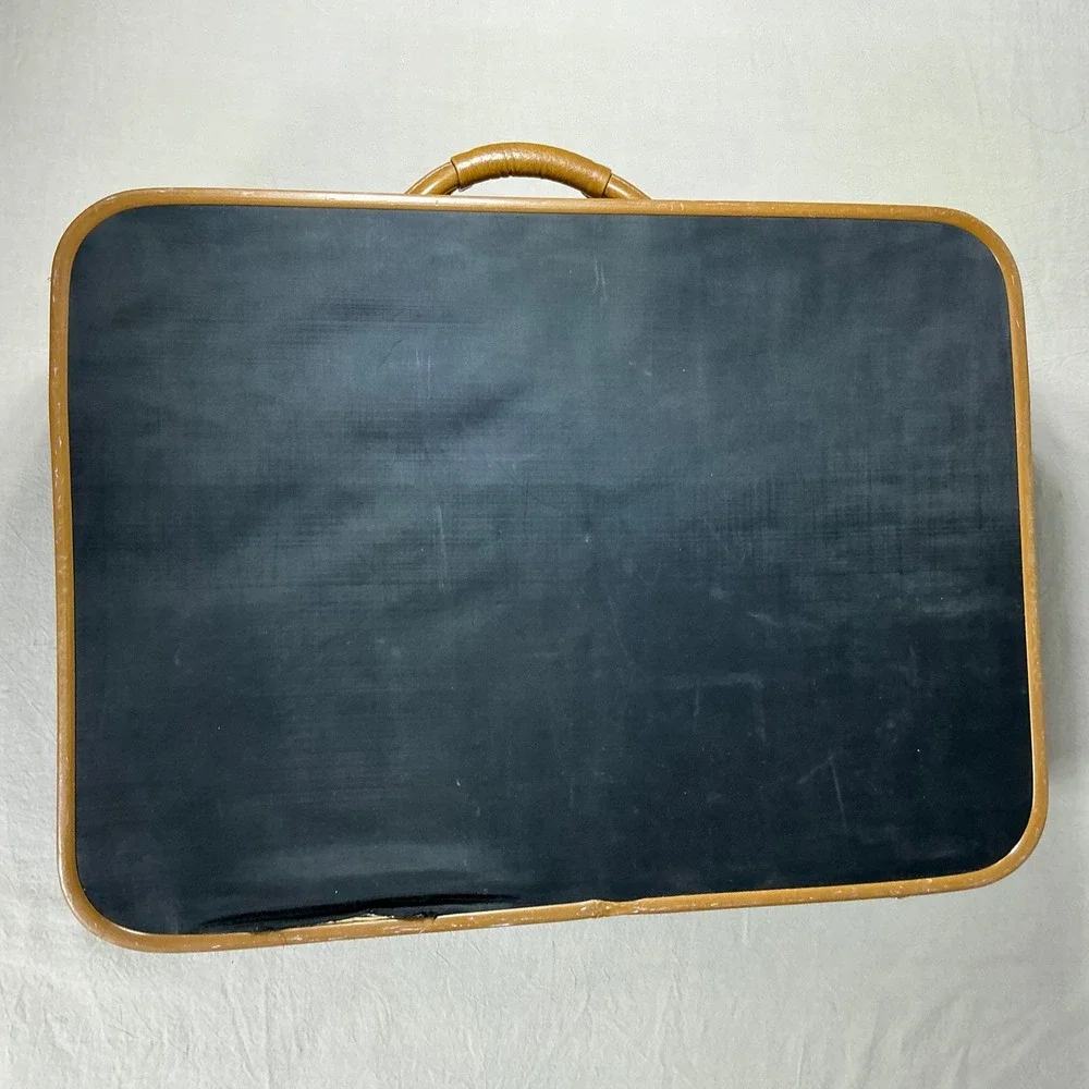 Vintage Monarch Suitcase Black Tan Stripe Damask Lined‎ Retro Luggage Carry On